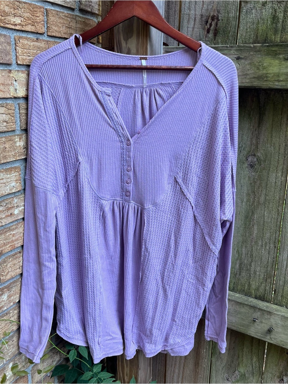 Free People Leo Oversized Lavender Waffle Henley Long Sleeve Top